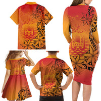 French Polynesia Manta Ray Tattoo Family Matching Long Sleeve Bodycon Dress and Hawaiian Shirt Tahiti Hahalua Tiare Maori Gradient Style