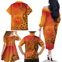 French Polynesia Manta Ray Tattoo Family Matching Off The Shoulder Long Sleeve Dress and Hawaiian Shirt Tahiti Hahalua Tiare Maori Gradient Style