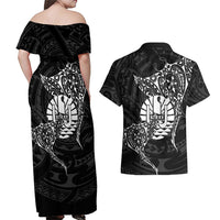 French Polynesia Manta Ray Tattoo Couples Matching Off Shoulder Maxi Dress and Hawaiian Shirt Tahiti Hahalua Turtle Shark Black Color