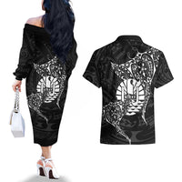 French Polynesia Manta Ray Tattoo Couples Matching Off The Shoulder Long Sleeve Dress and Hawaiian Shirt Tahiti Hahalua Turtle Shark Black Color