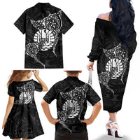 French Polynesia Manta Ray Tattoo Family Matching Off The Shoulder Long Sleeve Dress and Hawaiian Shirt Tahiti Hahalua Turtle Shark Black Color