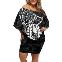 French Polynesia Manta Ray Tattoo Family Matching Off Shoulder Short Dress and Hawaiian Shirt Tahiti Hahalua Turtle Shark Black Color LT14 Mom's Dress Black - Polynesian Pride