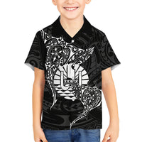 French Polynesia Manta Ray Tattoo Family Matching Off Shoulder Short Dress and Hawaiian Shirt Tahiti Hahalua Turtle Shark Black Color LT14 Son's Shirt Black - Polynesian Pride