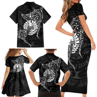 French Polynesia Manta Ray Tattoo Family Matching Short Sleeve Bodycon Dress and Hawaiian Shirt Tahiti Hahalua Turtle Shark Black Color