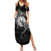 French Polynesia Manta Ray Tattoo Family Matching Summer Maxi Dress and Hawaiian Shirt Tahiti Hahalua Turtle Shark Black Color