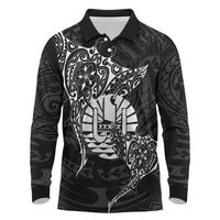 French Polynesia Manta Ray Tattoo Long Sleeve Polo Shirt Tahiti Hahalua Turtle Shark Black Color