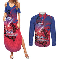 Guam Blue Marlin Fishing Couples Matching Summer Maxi Dress and Long Sleeve Button Shirt Guahan Fish Hook Tattoo LT14 Blue - Polynesian Pride