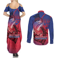 Guam Blue Marlin Fishing Couples Matching Summer Maxi Dress and Long Sleeve Button Shirt Guahan Fish Hook Tattoo LT14 - Polynesian Pride