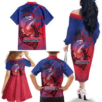 Guam Blue Marlin Fishing Family Matching Off The Shoulder Long Sleeve Dress and Hawaiian Shirt Guahan Fish Hook Tattoo
