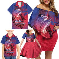 Guam Blue Marlin Fishing Family Matching Off Shoulder Short Dress and Hawaiian Shirt Guahan Fish Hook Tattoo