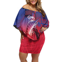 Guam Blue Marlin Fishing Off Shoulder Short Dress Guahan Fish Hook Tattoo