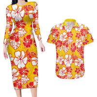 Yellow Hawaii Hibiscus Couples Matching Long Sleeve Bodycon Dress and Hawaiian Shirt Tropical Flowers Seamless Pattern - Polynesian Pride