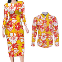 Yellow Hawaii Hibiscus Couples Matching Long Sleeve Bodycon Dress and Long Sleeve Button Shirt Tropical Flowers Seamless Pattern LT14 Yellow - Polynesian Pride