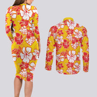 Yellow Hawaii Hibiscus Couples Matching Long Sleeve Bodycon Dress and Long Sleeve Button Shirt Tropical Flowers Seamless Pattern LT14 - Polynesian Pride