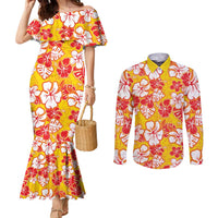 Yellow Hawaii Hibiscus Couples Matching Mermaid Dress and Long Sleeve Button Shirt Tropical Flowers Seamless Pattern LT14 Yellow - Polynesian Pride