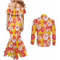 Yellow Hawaii Hibiscus Couples Matching Mermaid Dress and Long Sleeve Button Shirt Tropical Flowers Seamless Pattern LT14 - Polynesian Pride