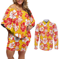 Yellow Hawaii Hibiscus Couples Matching Off Shoulder Short Dress and Long Sleeve Button Shirt Tropical Flowers Seamless Pattern LT14 Yellow - Polynesian Pride