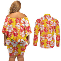 Yellow Hawaii Hibiscus Couples Matching Off Shoulder Short Dress and Long Sleeve Button Shirt Tropical Flowers Seamless Pattern LT14 - Polynesian Pride