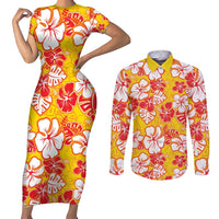 Yellow Hawaii Hibiscus Couples Matching Short Sleeve Bodycon Dress and Long Sleeve Button Shirt Tropical Flowers Seamless Pattern LT14 Yellow - Polynesian Pride