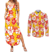 Yellow Hawaii Hibiscus Couples Matching Summer Maxi Dress and Long Sleeve Button Shirt Tropical Flowers Seamless Pattern LT14 Yellow - Polynesian Pride
