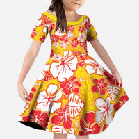 Yellow Hawaii Hibiscus Kid Short Sleeve Dress Tropical Flowers Seamless Pattern LT14 KID Yellow - Polynesian Pride
