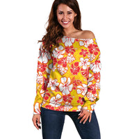 Yellow Hawaii Hibiscus Off Shoulder Sweater Tropical Flowers Seamless Pattern - Polynesian Pride