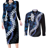 Polu Aloha Hawaii Lei Couples Matching Long Sleeve Bodycon Dress and Long Sleeve Button Shirt Tropical Flowers Elegant Vibe - Polynesian Pride