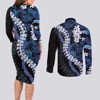 Polu Aloha Hawaii Lei Couples Matching Long Sleeve Bodycon Dress and Long Sleeve Button Shirt Tropical Flowers Elegant Vibe - Polynesian Pride