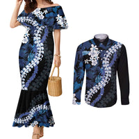Polu Aloha Hawaii Lei Couples Matching Mermaid Dress and Long Sleeve Button Shirt Tropical Flowers Elegant Vibe - Polynesian Pride