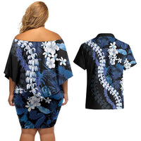 Polu Aloha Hawaii Lei Couples Matching Off Shoulder Short Dress and Hawaiian Shirt Tropical Flowers Elegant Vibe - Polynesian Pride