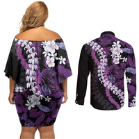 Poni Aloha Hawaii Lei Couples Matching Off Shoulder Short Dress and Long Sleeve Button Shirt Tropical Flowers Elegant Vibe - Polynesian Pride