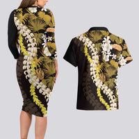 Kula Aloha Hawaii Lei Couples Matching Long Sleeve Bodycon Dress and Hawaiian Shirt Tropical Flowers Elegant Vibe - Polynesian Pride