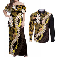 Kula Aloha Hawaii Lei Couples Matching Off Shoulder Maxi Dress and Long Sleeve Button Shirt Tropical Flowers Elegant Vibe - Polynesian Pride