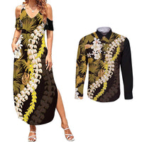 Kula Aloha Hawaii Lei Couples Matching Summer Maxi Dress and Long Sleeve Button Shirt Tropical Flowers Elegant Vibe - Polynesian Pride