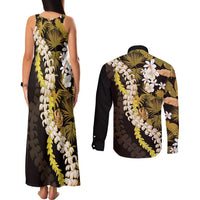 Kula Aloha Hawaii Lei Couples Matching Tank Maxi Dress and Long Sleeve Button Shirt Tropical Flowers Elegant Vibe - Polynesian Pride