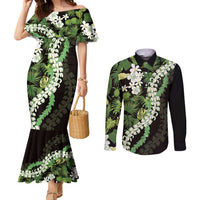 Omaomao Aloha Hawaii Lei Couples Matching Mermaid Dress and Long Sleeve Button Shirt Tropical Flowers Elegant Vibe - Polynesian Pride