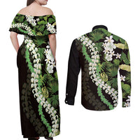 Omaomao Aloha Hawaii Lei Couples Matching Off Shoulder Maxi Dress and Long Sleeve Button Shirt Tropical Flowers Elegant Vibe - Polynesian Pride