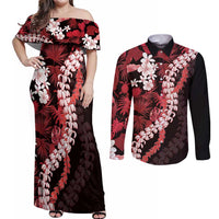 Ulaula Aloha Hawaii Lei Couples Matching Off Shoulder Maxi Dress and Long Sleeve Button Shirt Tropical Flowers Elegant Vibe - Polynesian Pride