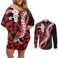 Ulaula Aloha Hawaii Lei Couples Matching Off Shoulder Short Dress and Long Sleeve Button Shirt Tropical Flowers Elegant Vibe - Polynesian Pride