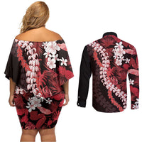 Ulaula Aloha Hawaii Lei Couples Matching Off Shoulder Short Dress and Long Sleeve Button Shirt Tropical Flowers Elegant Vibe - Polynesian Pride