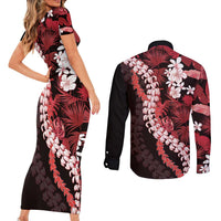 Ulaula Aloha Hawaii Lei Couples Matching Short Sleeve Bodycon Dress and Long Sleeve Button Shirt Tropical Flowers Elegant Vibe - Polynesian Pride