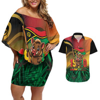 Vanuatu Independence Day Couples Matching Off Shoulder Short Dress and Hawaiian Shirt Chibi Boar Proud To Be A Ni-Van
