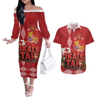 Tonga Rugby Custom Couples Matching Off The Shoulder Long Sleeve Dress and Hawaiian Shirt 2026 Go Ikale Tahi Ngatu Pattern LT14 Red - Polynesian Pride