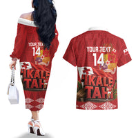 Tonga Rugby Custom Couples Matching Off The Shoulder Long Sleeve Dress and Hawaiian Shirt 2026 Go Ikale Tahi Ngatu Pattern LT14 - Polynesian Pride