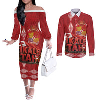 Tonga Rugby Custom Couples Matching Off The Shoulder Long Sleeve Dress and Long Sleeve Button Shirt 2026 Go Ikale Tahi Ngatu Pattern LT14 Red - Polynesian Pride