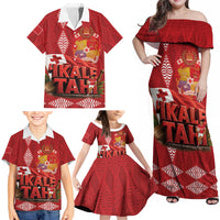 Tonga Rugby Custom Family Matching Off Shoulder Maxi Dress and Hawaiian Shirt 2026 Go Ikale Tahi Ngatu Pattern LT14 - Polynesian Pride
