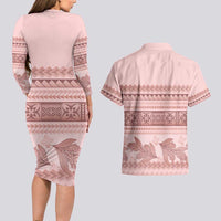 Pastel Pink Samoa Siapo Teuila Flowers Couples Matching Long Sleeve Bodycon Dress and Hawaiian Shirt - Polynesian Pride