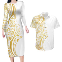 Polynesia White Sunday Couples Matching Long Sleeve Bodycon Dress and Hawaiian Shirt Plumeria Polynesian Tribal Gold Color - Polynesian Pride