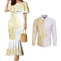 Polynesia White Sunday Couples Matching Mermaid Dress and Long Sleeve Button Shirt Plumeria Polynesian Tribal Gold Color - Polynesian Pride