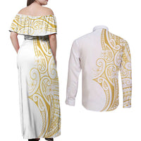 Polynesia White Sunday Couples Matching Off Shoulder Maxi Dress and Long Sleeve Button Shirt Plumeria Polynesian Tribal Gold Color - Polynesian Pride